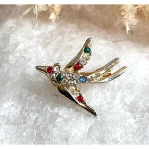 Rhinestoned Bird In Flight Gold Toned Vintage Costume Jewelry Brooch | Lapel Pin